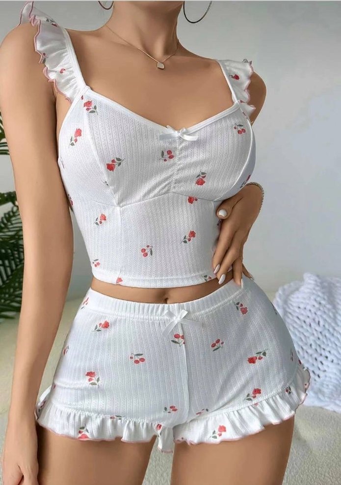 Beyaz Kiraz Desenli Mini Kadın Pijama Takımı - Görsel 2