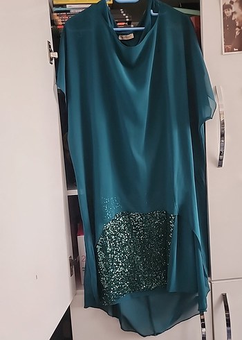 Uzun Turkuaz Asimetrik Drapeli Abiye Elbise - Görsel 2