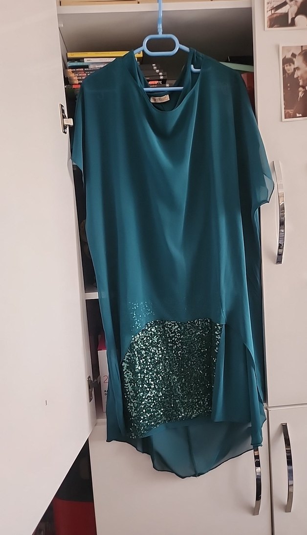 Uzun Turkuaz Asimetrik Drapeli Abiye Elbise - Görsel 2