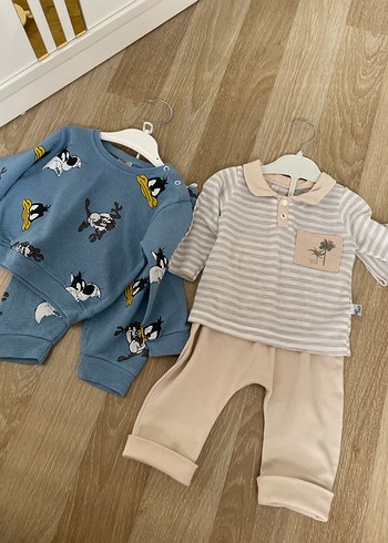 Gri Baskılı Örme Pamuk Bebek Erkek Takımı