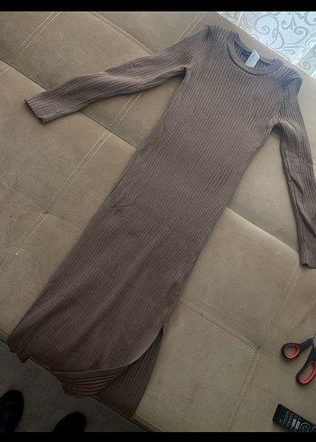 Uzun Kollu Kahverengi Triko Elbise - Görsel 5