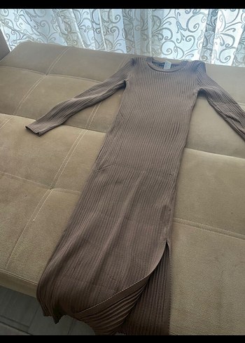 Uzun Kollu Kahverengi Triko Elbise - Görsel 6