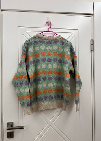 Bohem Renkli Kalp Desenli Kadın Triko Kazak - Görsel 3