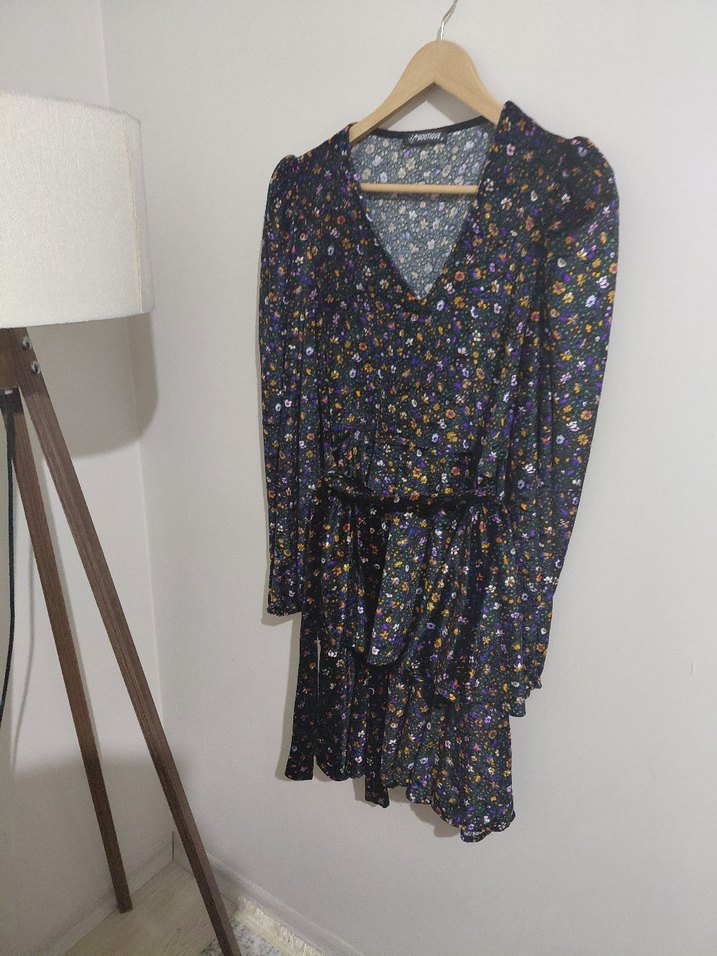 Bohem Uzun Kollu V Yaka Çok Renkli Elbise - Görsel 3