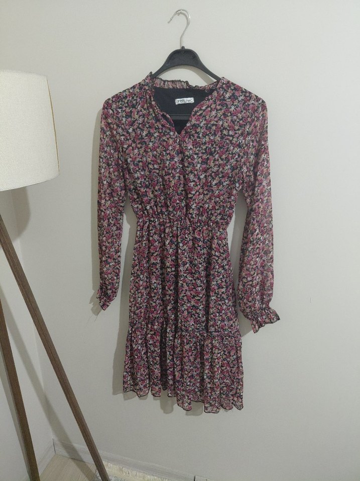 Uzun Kollu Çok Renkli Bohem Mini Elbise - Görsel 3