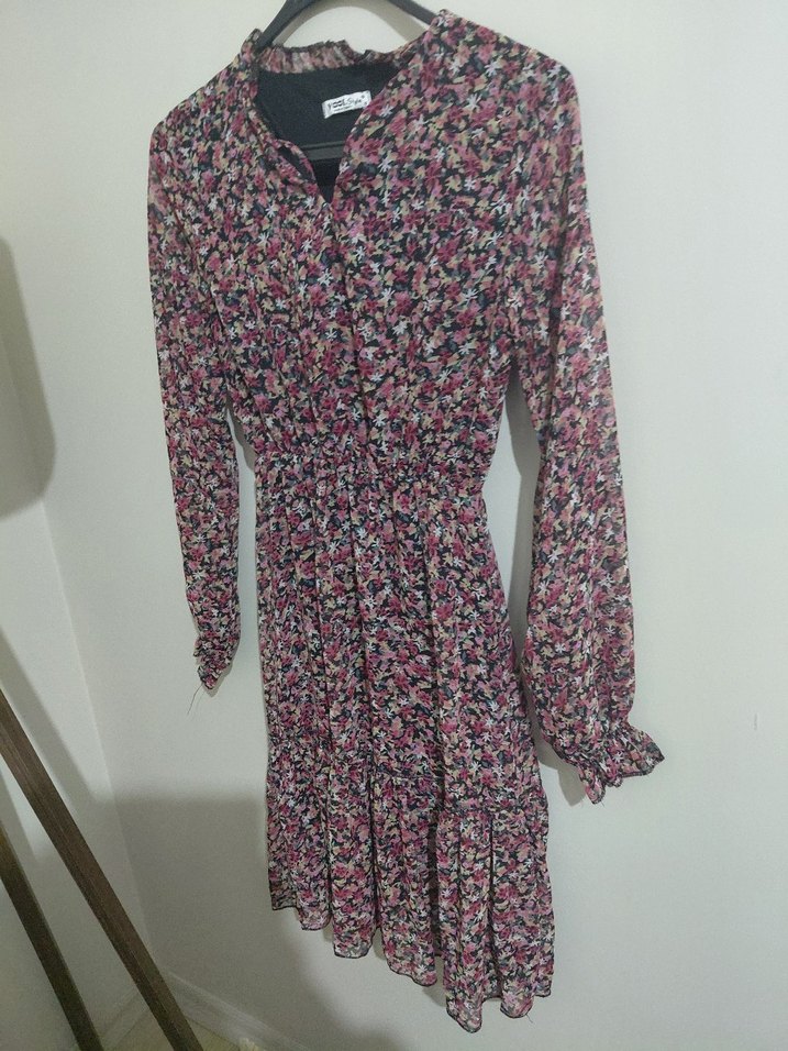 Uzun Kollu Çok Renkli Bohem Mini Elbise - Görsel 2