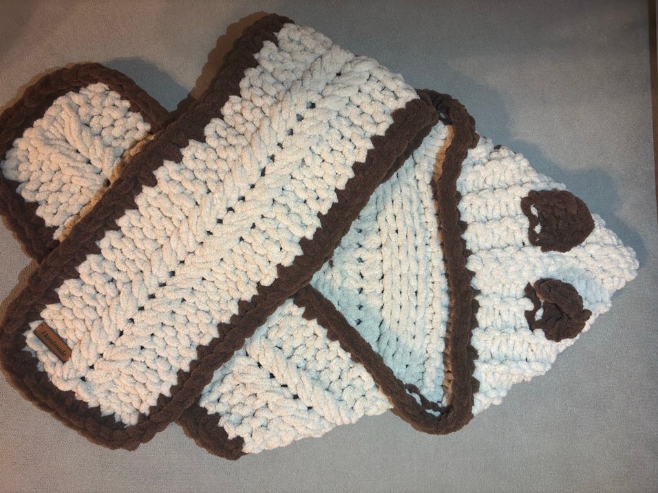 Kahverengi Kenarlı Örgü Çocuk Bere ve Atkı Seti - Görsel 2