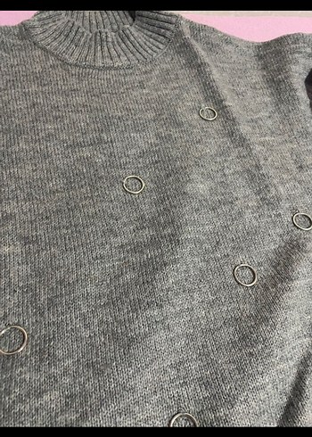 Gri Düğmeli Triko Kadın Kazak - Görsel 2