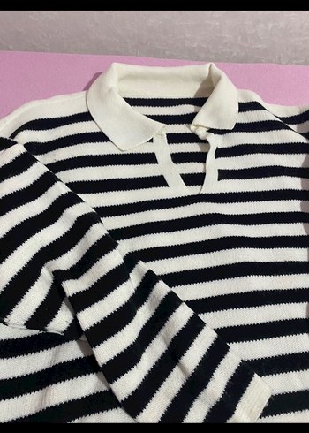 Çizgili Beyaz Pamuklu Kadın Triko Kazak - Görsel 2