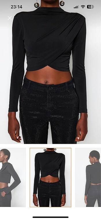 m Beden Siyah dik yaka drapeli crop bluz