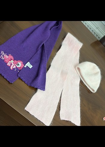3-5 Yaş, 21 cm Beden Pembe Örgü Çocuk Bere ve Atkı Seti
