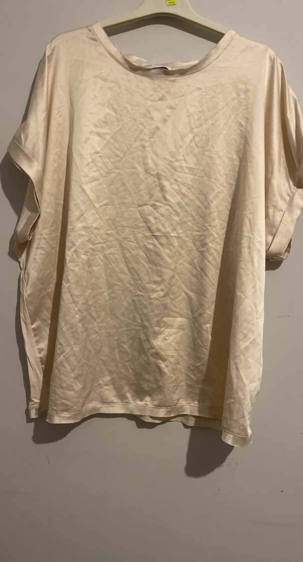 Bej Keten Kadın Bluz, Kısa Kollu, Salaş Kesim - Görsel 2