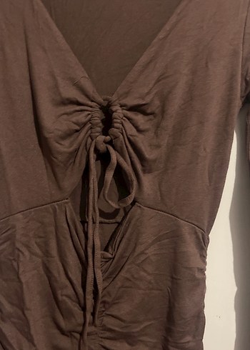 Drapeli V Yaka Kahverengi Triko Elbise - Görsel 2