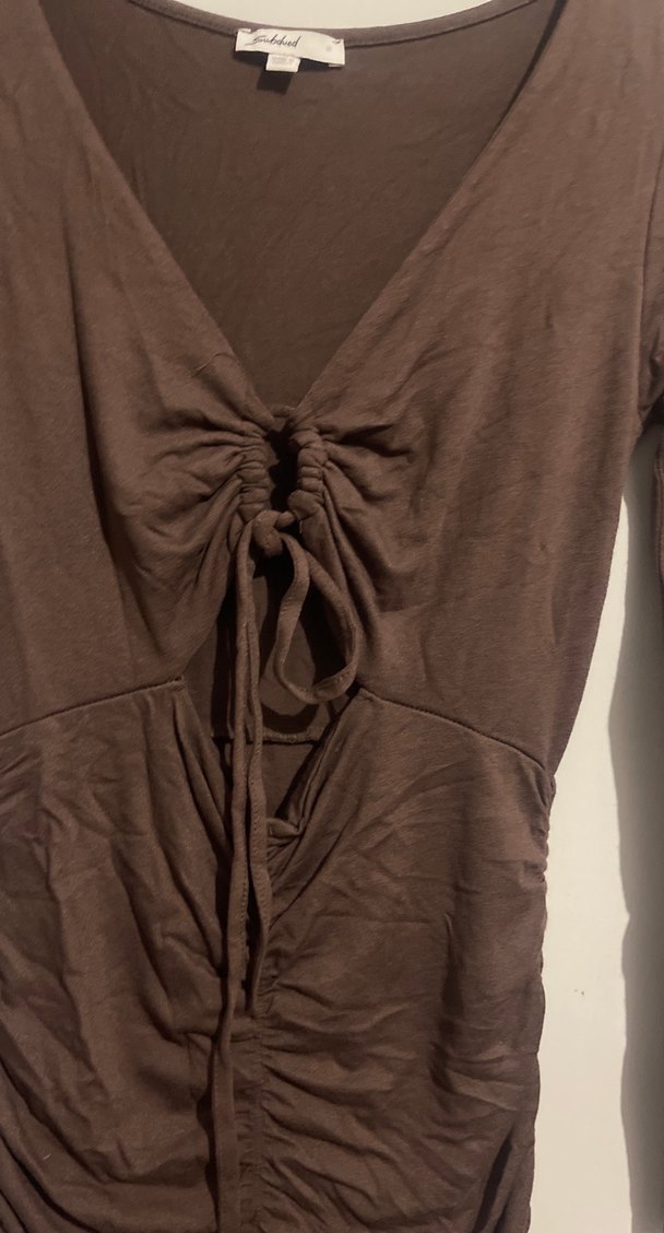 Drapeli V Yaka Kahverengi Triko Elbise - Görsel 2