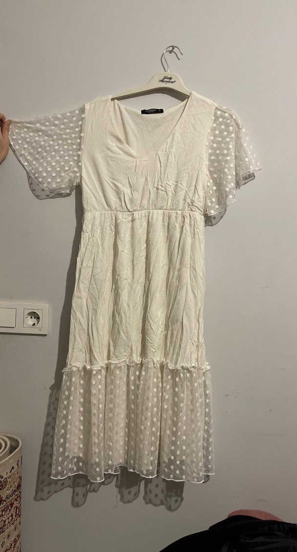 Beyaz Uzun Kollu Bohem Elbise - Görsel 2