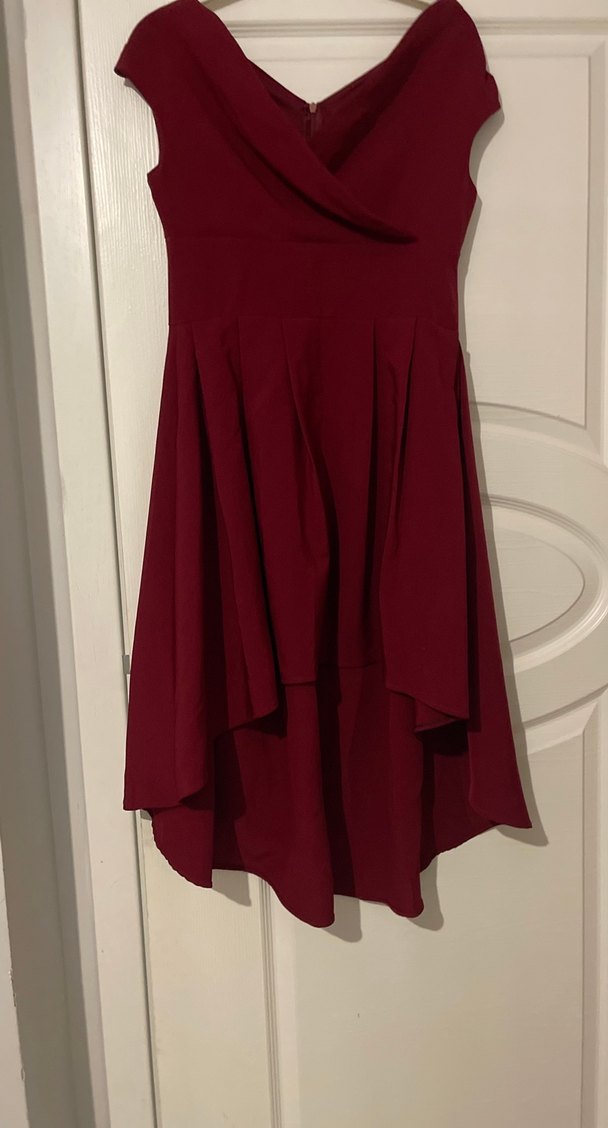 Bordo V Yaka Drapeli Midi Elbise - Görsel 2