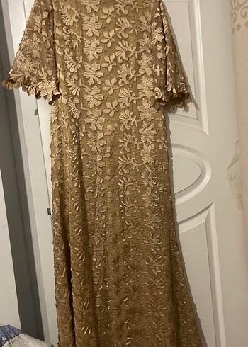 Altın Renkli Nakışlı Dantel Uzun Abiye Elbise - Görsel 2