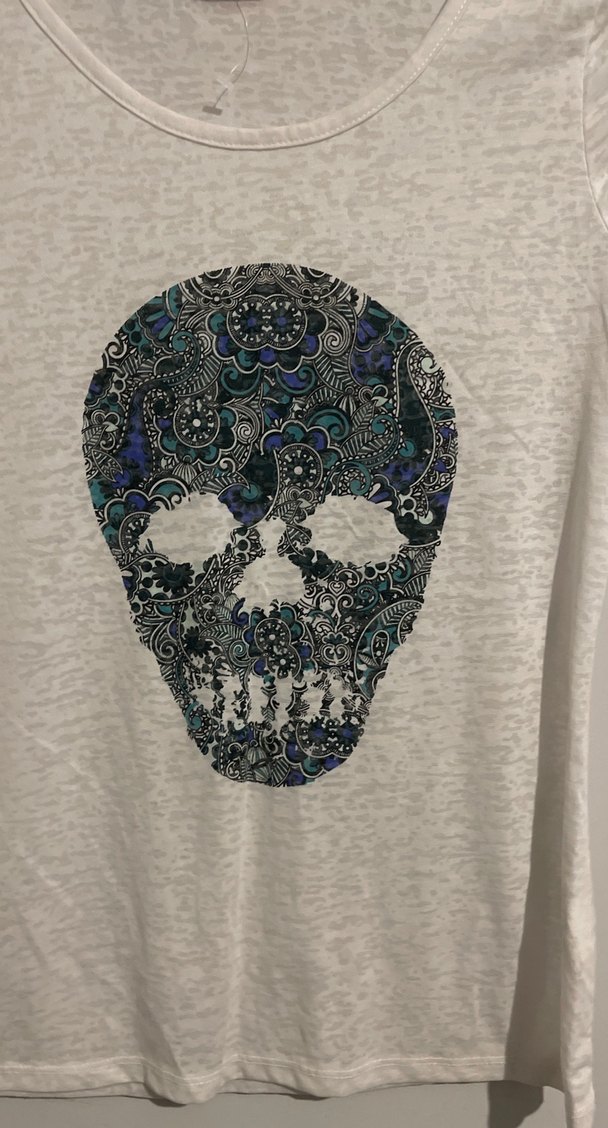 Kadın Gri Kısa Kollu Kafatası Baskılı Tişört - Görsel 2