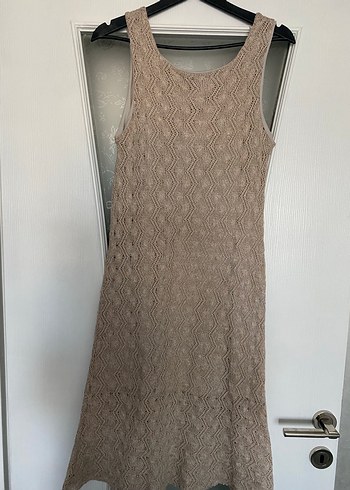 Bej Dantelli Triko Uzun Elbise - Görsel 4