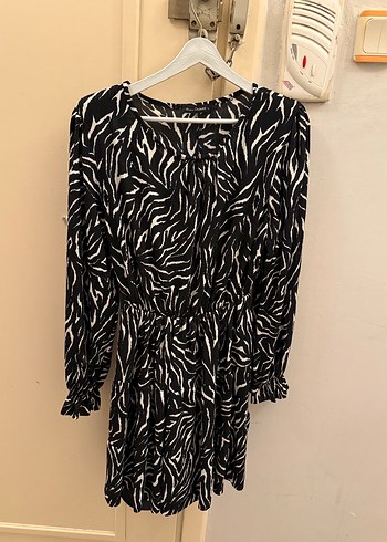 Zebra Desenli Uzun Kollu Mini Elbise