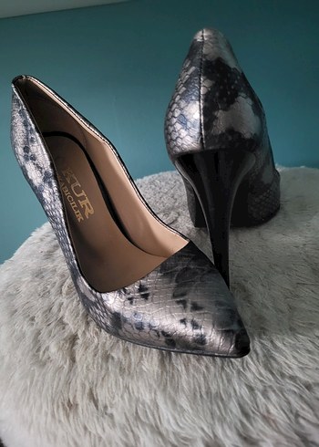 Gri Deri Yılan Desenli Topuklu Stiletto - Görsel 3