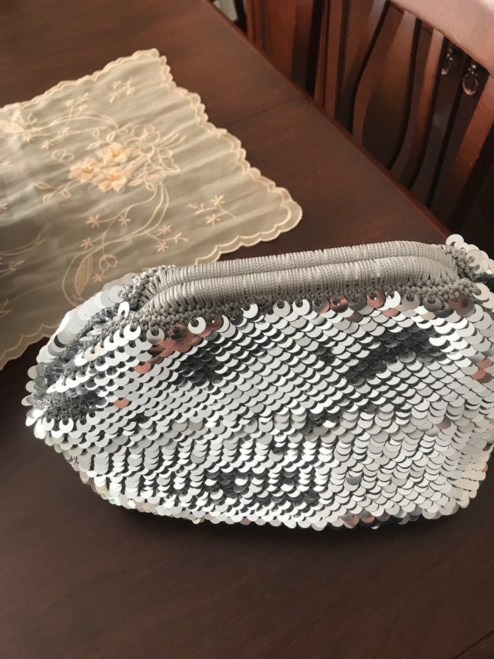 Gri Gümüş pullu Örgü Kadın Portföy Çanta - Görsel 2