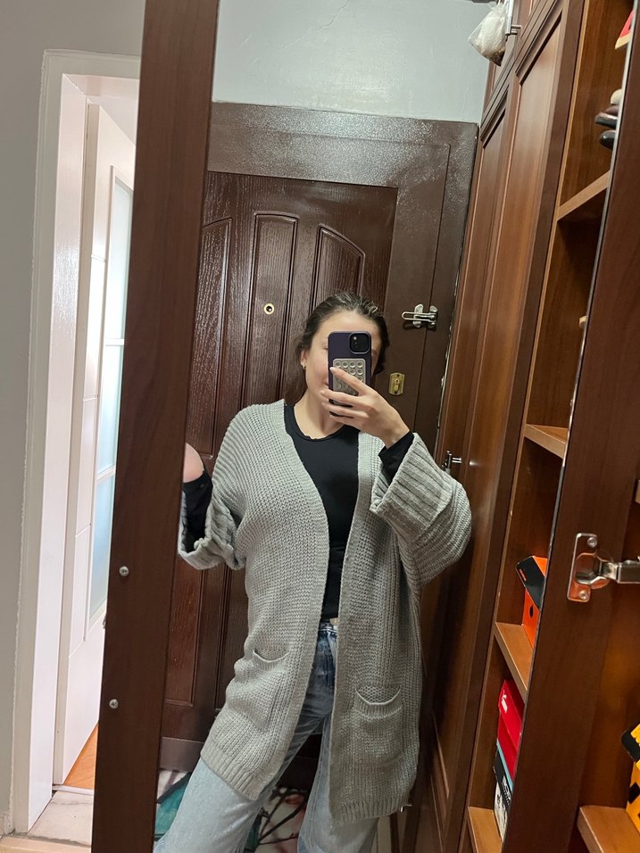 Gri uzun Triko Kadın Hırka - Görsel 2