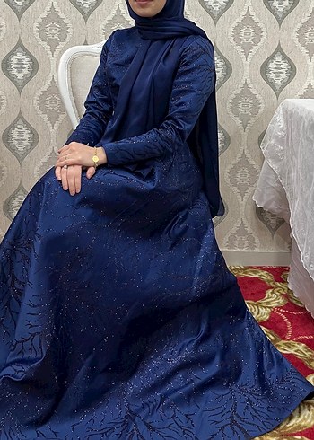 Parlak Lacivert Uzun Drapeli Abiye