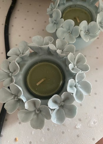 Çiçek Detaylı soft mavi Mumluk Seti - Görsel 2