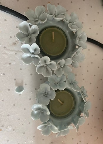 Çiçek Detaylı soft mavi Mumluk Seti - Görsel 3