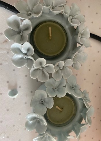 Çiçek Detaylı soft mavi Mumluk Seti - Görsel 5