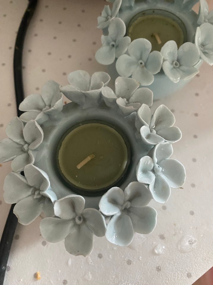 Çiçek Detaylı soft mavi Mumluk Seti - Görsel 2