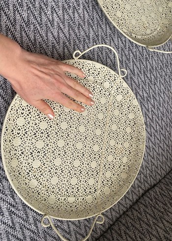 Bohem İşlemeli krem rengi Metal Tepsi - Görsel 2