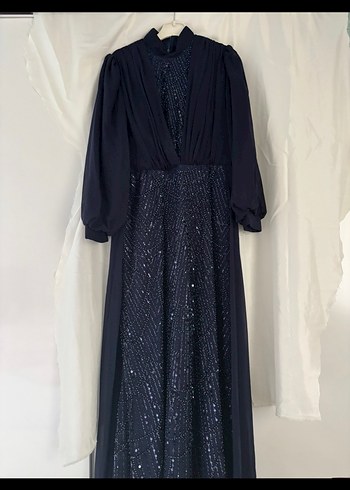 Lacivert Uzun Kollu Drapeli Abiye Elbise - Görsel 2