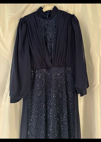 Lacivert Uzun Kollu Drapeli Abiye Elbise - Görsel 3