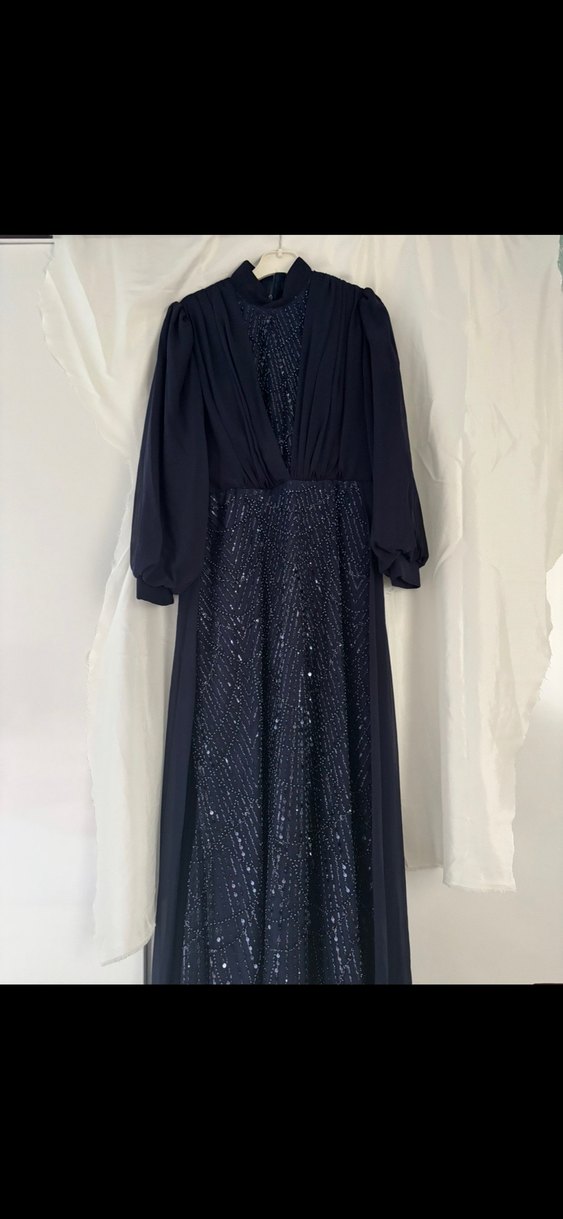 Lacivert Uzun Kollu Drapeli Abiye Elbise - Görsel 2