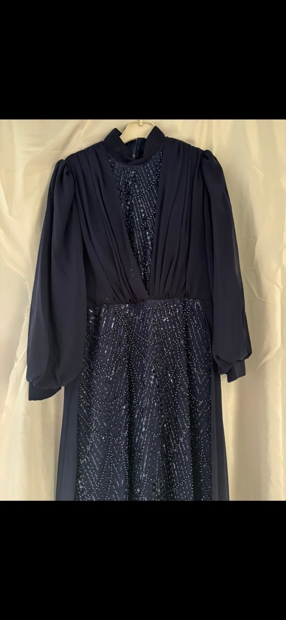 Lacivert Uzun Kollu Drapeli Abiye Elbise - Görsel 3