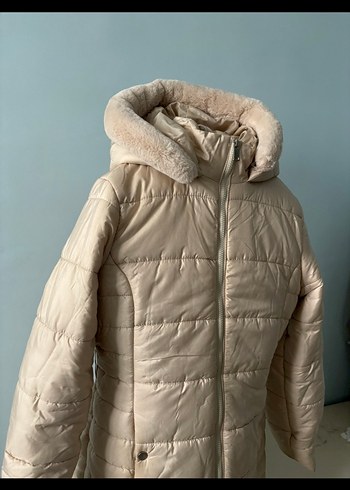 Bej Kadın Midi Kışlık Mont Kürklü Yakalı - Görsel 2