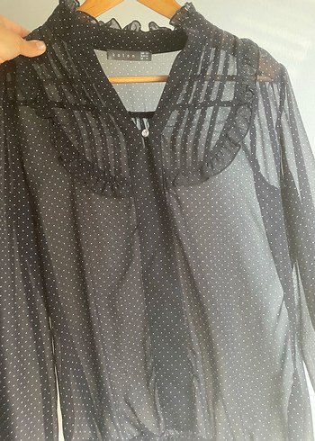 Puantiye Desenli Siyah Kadın Bluz - Görsel 4