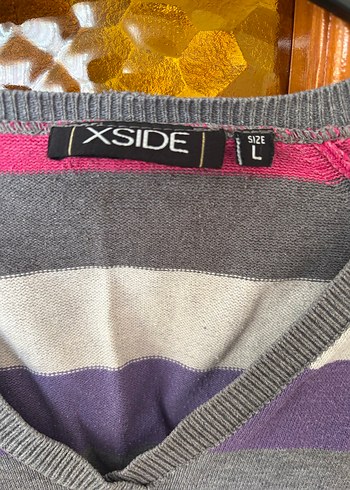 V Yaka Çizgili Gri Triko Kazak - Görsel 2