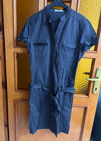 Gri Düğmeli Kız Çocuk Keten Elbise - Görsel 3