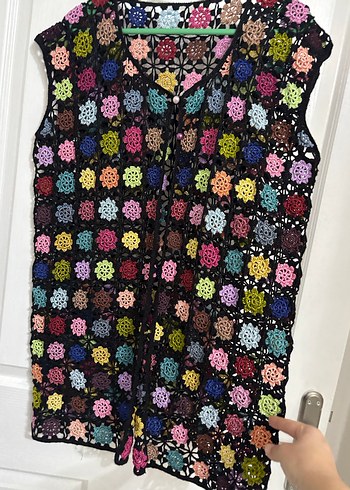 Çok Renkli Örgü Bohem Düğmeli Yelek - Görsel 2