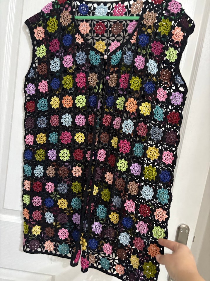 Çok Renkli Örgü Bohem Düğmeli Yelek - Görsel 2