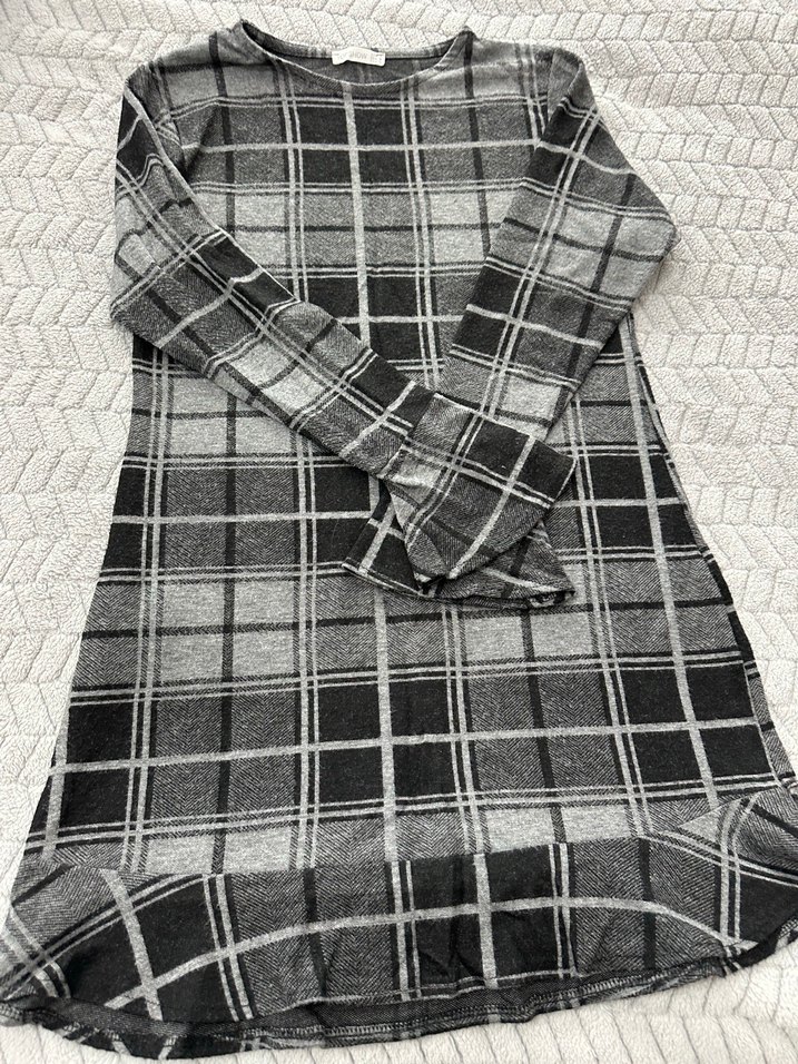 Gri Ekoseli Uzun Kollu Kadın Elbise - Görsel 4