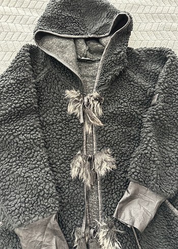 Gri Uzun Kadın Ceket Kürklü Detaylı - Görsel 6