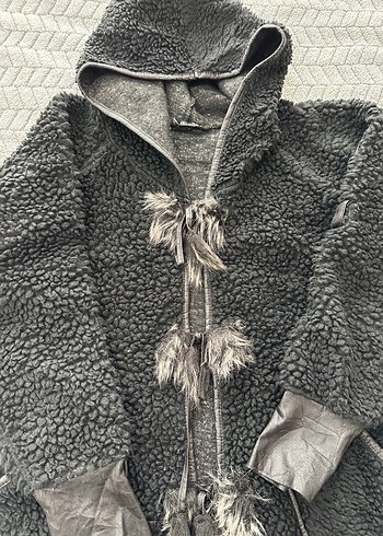 Gri Uzun Kadın Ceket Kürklü Detaylı - Görsel 5