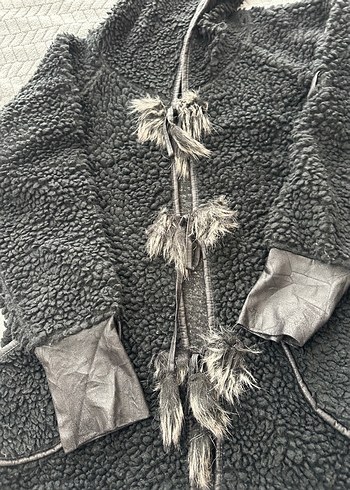 Gri Uzun Kadın Ceket Kürklü Detaylı - Görsel 7