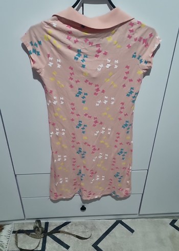 Pembe Kelebek Desenli V Yaka elbise - Görsel 4