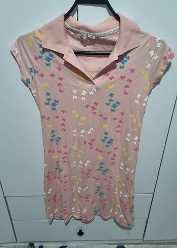 Pembe Kelebek Desenli V Yaka elbise - Görsel 3