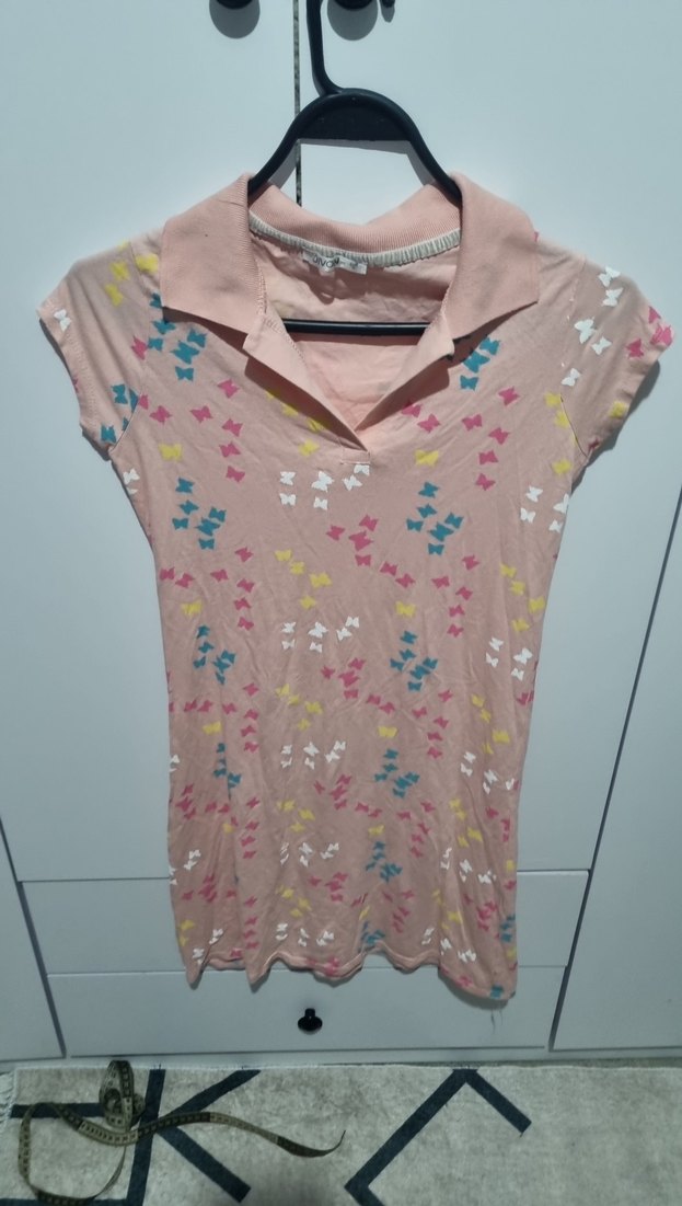 Pembe Kelebek Desenli V Yaka elbise - Görsel 3